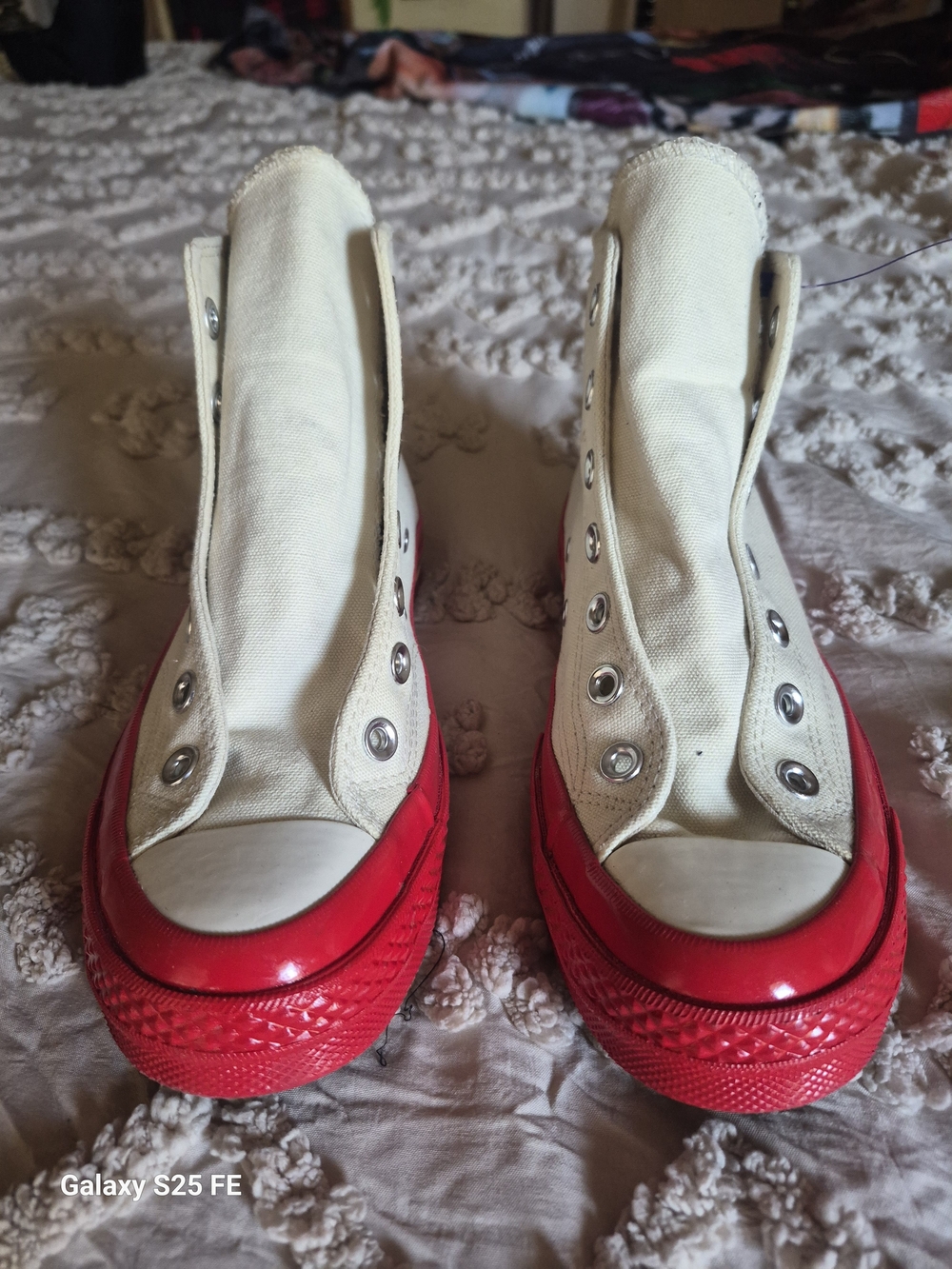 Comme des Garcons Cream Canvas High-Top Sneakers with Red Soles